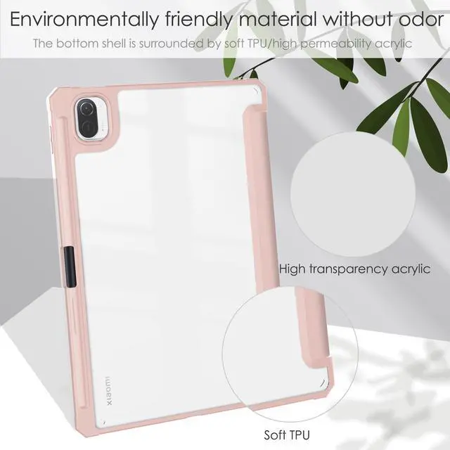 Alt view image 7 of 7 - Case For Xiaomi Pad 5 / Pad 5 Pro 11 Inch, Transparent Hard Back Cover Trifold Smart Stand Cover with Pen Holder, Stylus Pen, Auto Wake/Sleep Rose Gold