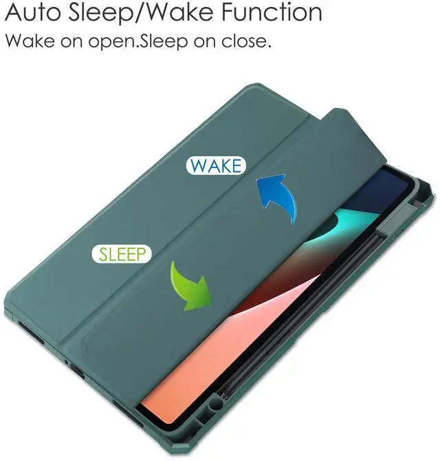 Alt view image 5 of 7 - Case For Xiaomi Pad 5 / Pad 5 Pro 11 Inch, Transparent Hard Back Cover Trifold Smart Stand Cover with Pen Holder, Stylus Pen, Auto Wake/Sleep Dark Green