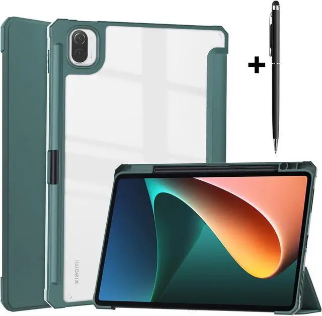 Main image of Case For Xiaomi Pad 5 / Pad 5 Pro 11 Inch, Transparent Hard Back Cover Trifold Smart Stand Cover with Pen Holder, Stylus Pen, Auto Wake/Sleep Dark Green