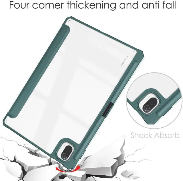 Alt view image 6 of 7 - Case For Xiaomi Pad 5 / Pad 5 Pro 11 Inch, Transparent Hard Back Cover Trifold Smart Stand Cover with Pen Holder, Stylus Pen, Auto Wake/Sleep Dark Green