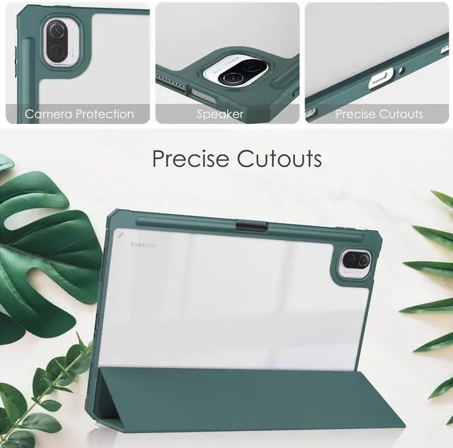 Alt view image 3 of 7 - Case For Xiaomi Pad 5 / Pad 5 Pro 11 Inch, Transparent Hard Back Cover Trifold Smart Stand Cover with Pen Holder, Stylus Pen, Auto Wake/Sleep Dark Green