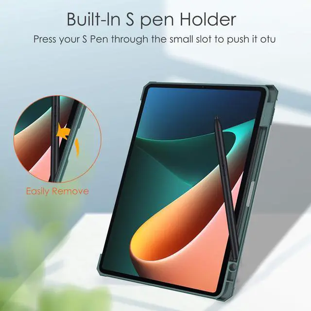 Alt view image 7 of 7 - Case For Xiaomi Pad 5 / Pad 5 Pro 11 Inch, Transparent Hard Back Cover Trifold Smart Stand Cover with Pen Holder, Stylus Pen, Auto Wake/Sleep Dark Green