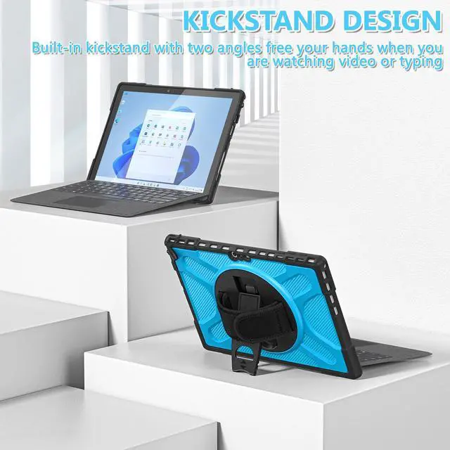 Alt view image 4 of 7 - Case For Surface Pro 7 Plus / Surface Pro 7 / Surface Pro 6 / Surface Pro 5 / Surface Pro 4 12.3 inch, Heavy Duty Shockproof Cover with Kickstand and Hand Strap, Pen Holder, 2 in 1 Stylus Pen Blue