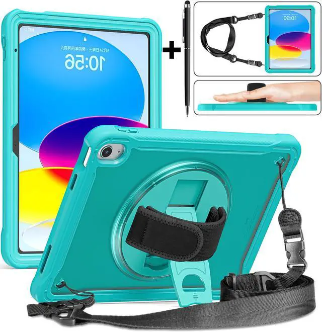 Main image of iPad 10th Generation Case 2022 10.9 Inch with Pencil Holder, Clear Transparent Back, 360 Rotating Stand + Hand/Shoulder Strap + 2 in 1 Stylus Pen, Heavy Duty Shcokproof Cover Blue