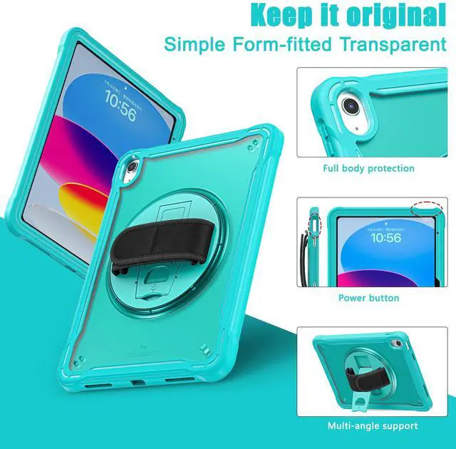 Alt view image 5 of 7 - iPad 10th Generation Case 2022 10.9 Inch with Pencil Holder, Clear Transparent Back, 360 Rotating Stand + Hand/Shoulder Strap + 2 in 1 Stylus Pen, Heavy Duty Shcokproof Cover Blue