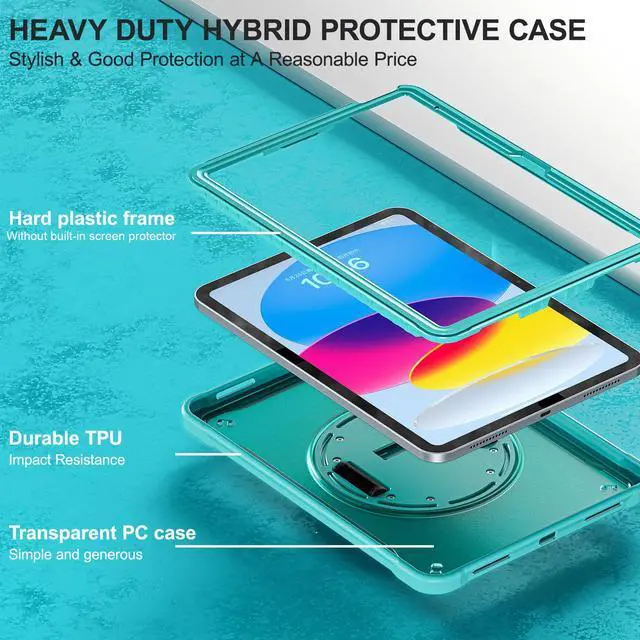 Alt view image 7 of 7 - iPad 10th Generation Case 2022 10.9 Inch with Pencil Holder, Clear Transparent Back, 360 Rotating Stand + Hand/Shoulder Strap + 2 in 1 Stylus Pen, Heavy Duty Shcokproof Cover Blue