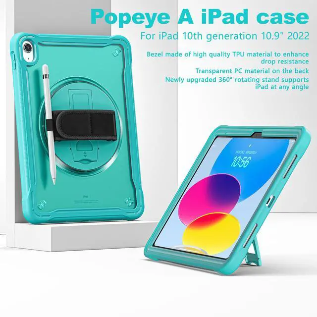 Alt view image 4 of 7 - iPad 10th Generation Case 2022 10.9 Inch with Pencil Holder, Clear Transparent Back, 360 Rotating Stand + Hand/Shoulder Strap + 2 in 1 Stylus Pen, Heavy Duty Shcokproof Cover Blue