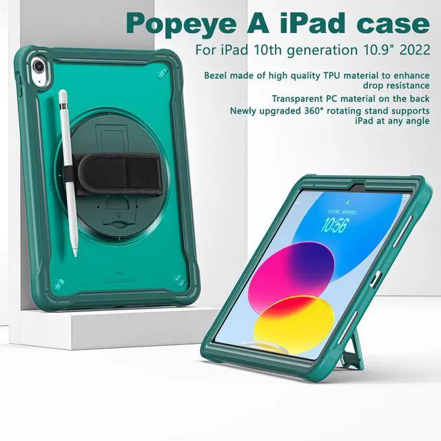 Alt view image 5 of 7 - iPad 10th Generation Case 2022 10.9 Inch with Pencil Holder, Clear Transparent Back, 360 Rotating Stand + Hand/Shoulder Strap + 2 in 1 Stylus Pen, Heavy Duty Shcokproof Cover Dark Green