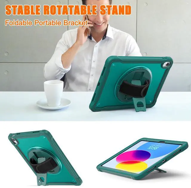 Alt view image 4 of 7 - iPad 10th Generation Case 2022 10.9 Inch with Pencil Holder, Clear Transparent Back, 360 Rotating Stand + Hand/Shoulder Strap + 2 in 1 Stylus Pen, Heavy Duty Shcokproof Cover Dark Green