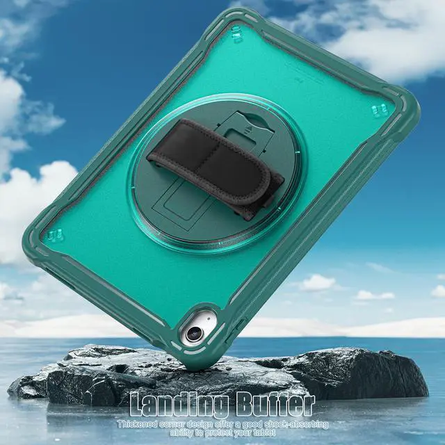 Alt view image 3 of 7 - iPad 10th Generation Case 2022 10.9 Inch with Pencil Holder, Clear Transparent Back, 360 Rotating Stand + Hand/Shoulder Strap + 2 in 1 Stylus Pen, Heavy Duty Shcokproof Cover Dark Green
