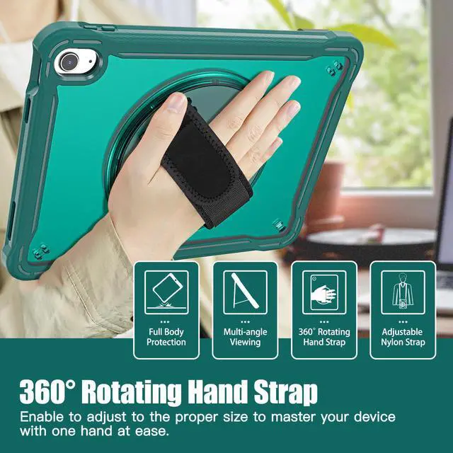 Alt view image 2 of 7 - iPad 10th Generation Case 2022 10.9 Inch with Pencil Holder, Clear Transparent Back, 360 Rotating Stand + Hand/Shoulder Strap + 2 in 1 Stylus Pen, Heavy Duty Shcokproof Cover Dark Green