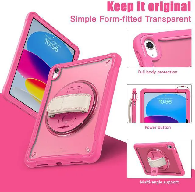 Alt view image 5 of 7 - iPad 10th Generation Case 2022 10.9 Inch with Pencil Holder, Clear Transparent Back, 360 Rotating Stand + Hand/Shoulder Strap + 2 in 1 Stylus Pen, Heavy Duty Shcokproof Cover Rose Red