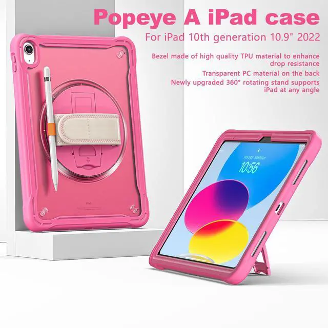 Alt view image 4 of 7 - iPad 10th Generation Case 2022 10.9 Inch with Pencil Holder, Clear Transparent Back, 360 Rotating Stand + Hand/Shoulder Strap + 2 in 1 Stylus Pen, Heavy Duty Shcokproof Cover Rose Red