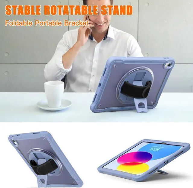 Alt view image 4 of 7 - iPad 10th Generation Case 2022 10.9 Inch with Pencil Holder, Clear Transparent Back, 360 Rotating Stand + Hand/Shoulder Strap + 2 in 1 Stylus Pen, Heavy Duty Shcokproof Cover Lavender