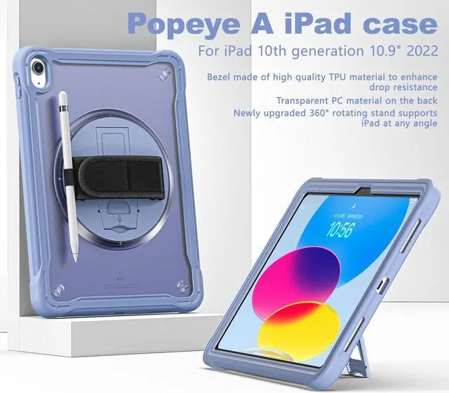 Alt view image 5 of 7 - iPad 10th Generation Case 2022 10.9 Inch with Pencil Holder, Clear Transparent Back, 360 Rotating Stand + Hand/Shoulder Strap + 2 in 1 Stylus Pen, Heavy Duty Shcokproof Cover Lavender
