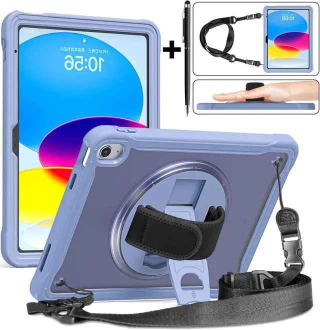Main image of iPad 10th Generation Case 2022 10.9 Inch with Pencil Holder, Clear Transparent Back, 360 Rotating Stand + Hand/Shoulder Strap + 2 in 1 Stylus Pen, Heavy Duty Shcokproof Cover Lavender