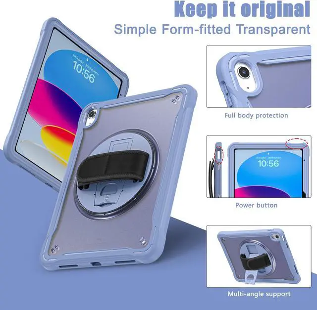 Alt view image 6 of 7 - iPad 10th Generation Case 2022 10.9 Inch with Pencil Holder, Clear Transparent Back, 360 Rotating Stand + Hand/Shoulder Strap + 2 in 1 Stylus Pen, Heavy Duty Shcokproof Cover Lavender