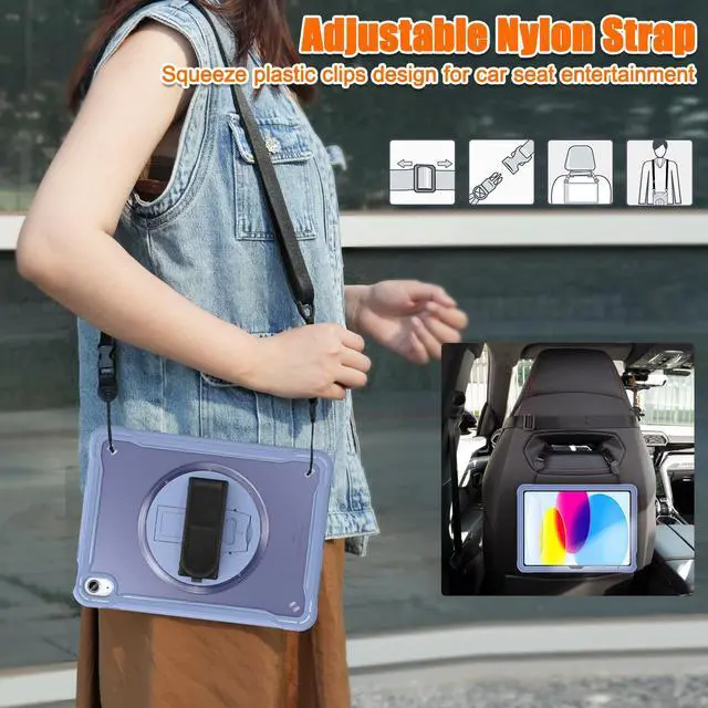 Alt view image 7 of 7 - iPad 10th Generation Case 2022 10.9 Inch with Pencil Holder, Clear Transparent Back, 360 Rotating Stand + Hand/Shoulder Strap + 2 in 1 Stylus Pen, Heavy Duty Shcokproof Cover Lavender