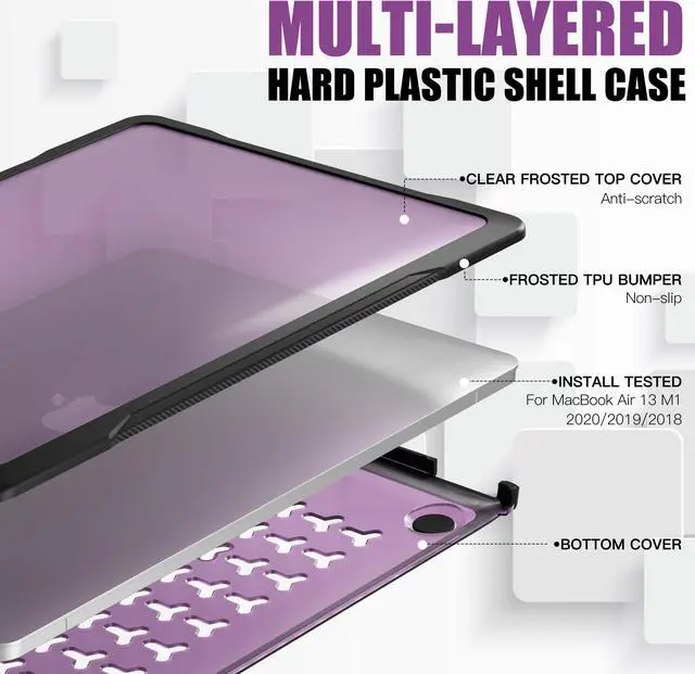 Alt view image 5 of 7 - Compatible with MacBook Air 13 inch Case 2022, 2021-2018 Release A2337 M1 A2179 A1932 Retina Display Touch ID, Heavy Duty Rugged Hard Shell Shockproof Cover with Keyboard Skin Blue Purple