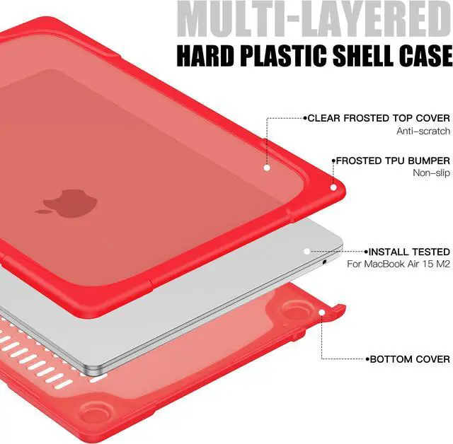 Alt view image 6 of 7 - MacBook Air 15 inch Case 2023 Release A2941 M2 Chip with Liquid Retina Display Touch ID, Heavy Duty Hard Shell Dual Layer Protective Cover with Fold Kickstand & Keyboard Cover, Type C Adapter Red