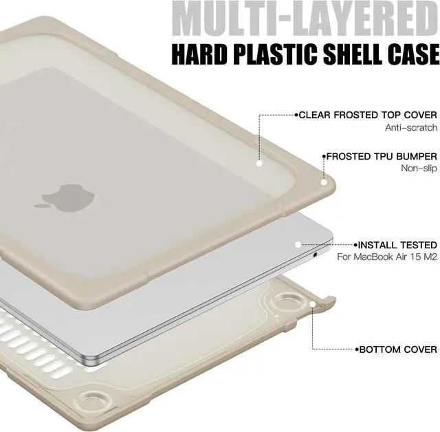 Alt view image 2 of 7 - MacBook Air 15 inch Case 2023 Release A2941 M2 Chip with Liquid Retina Display Touch ID, Heavy Duty Hard Shell Dual Layer Protective Cover with Fold Kickstand & Keyboard Cover, Type C Adapter Khaki