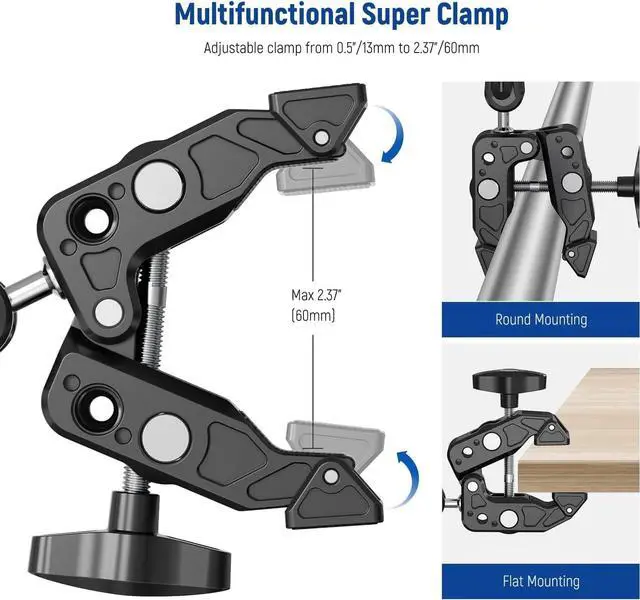 Alt view image 3 of 7 - Super Clamp with Magic Arm with Phone Holder & Action Camera Mount, All Metal 360° Double Ball Head with 1/4" & 3/8" Thread, Compatible with Smallrig GoPro Insta360