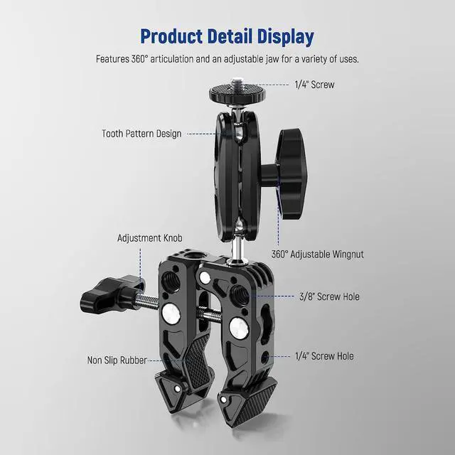 Alt view image 2 of 7 - Super Clamp with Magic Arm with Phone Holder & Action Camera Mount, All Metal 360° Double Ball Head with 1/4" & 3/8" Thread, Compatible with Smallrig GoPro Insta360