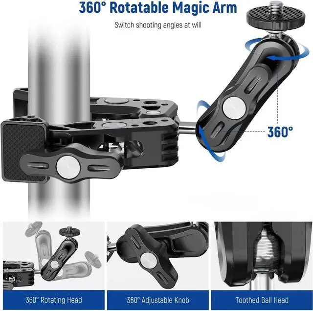 Alt view image 4 of 7 - Super Clamp with Magic Arm with Phone Holder & Action Camera Mount, All Metal 360° Double Ball Head with 1/4" & 3/8" Thread, Compatible with Smallrig GoPro Insta360