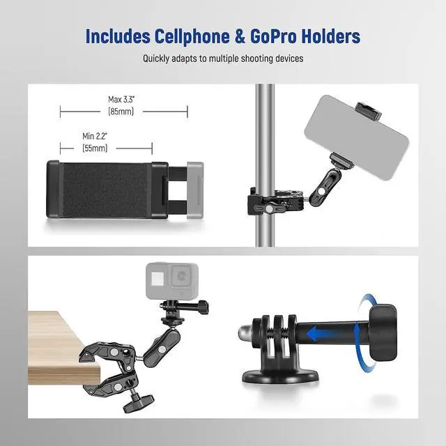 Alt view image 7 of 7 - Super Clamp with Magic Arm with Phone Holder & Action Camera Mount, All Metal 360° Double Ball Head with 1/4" & 3/8" Thread, Compatible with Smallrig GoPro Insta360