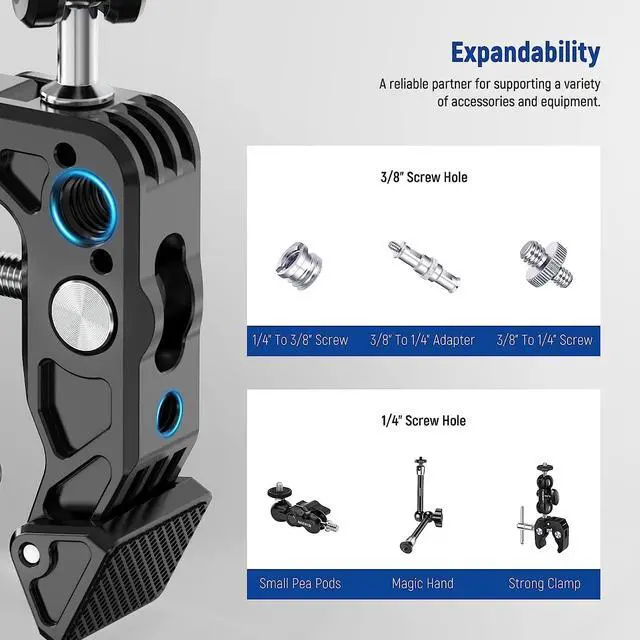 Alt view image 6 of 7 - Super Clamp with Magic Arm with Phone Holder & Action Camera Mount, All Metal 360° Double Ball Head with 1/4" & 3/8" Thread, Compatible with Smallrig GoPro Insta360