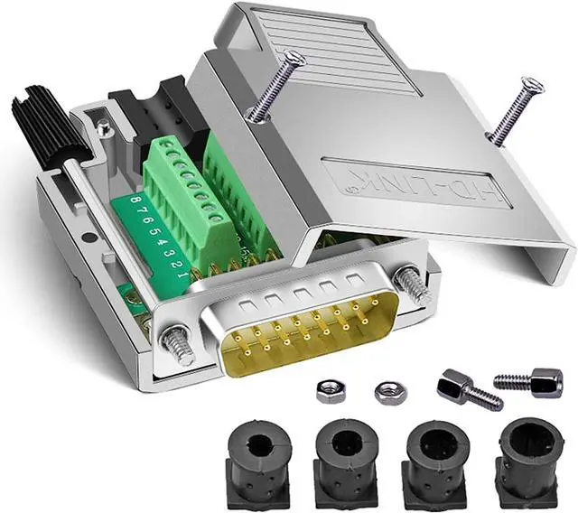 Main image of DB15 Solderless Serial to 15-pin Port Terminal Adapter Connector Breakout Board with Case Long Bolts Nuts (Male Metal)