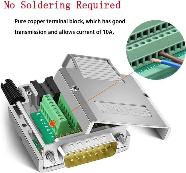 Alt view image 3 of 7 - DB15 Solderless Serial to 15-pin Port Terminal Adapter Connector Breakout Board with Case Long Bolts Nuts (Male Metal)