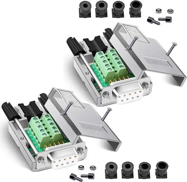 Main image of 2PCS DB9 Breakout Connector, Solderless Metal Shell RS232 D-SUB Serial to 9-Pin Port Terminal Female Adapter Connector Breakout Board with Case