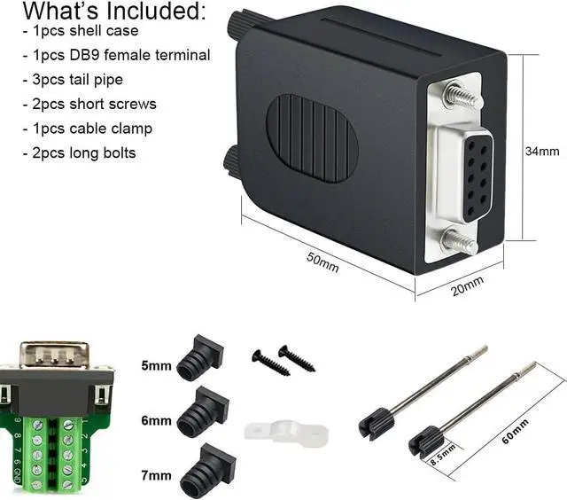 Alt view image 3 of 7 - DB9 Breakout Connector DB-9 Female RS232 Serial Adapter Solderless Module Board with Screw Terminals Block, Case, Long Bolts and Tail Pipes (DB9 + Bolts), black