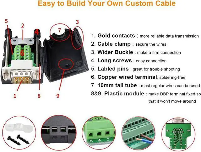Alt view image 4 of 7 - DB9 Breakout Connector DB-9 Female RS232 Serial Adapter Solderless Module Board with Screw Terminals Block, Case, Long Bolts and Tail Pipes (DB9 + Bolts), black