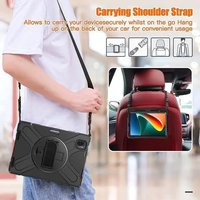 Alt view image 6 of 7 - Protective Case for Xiaomi Mi Pad 5 / Mi Pad 5 Pro 11 inch 2021 with Pencil Holder & Kickstand, Portable ShockProof Cover with Rotatable Handle, Shoulder Strap, Stylus Pen