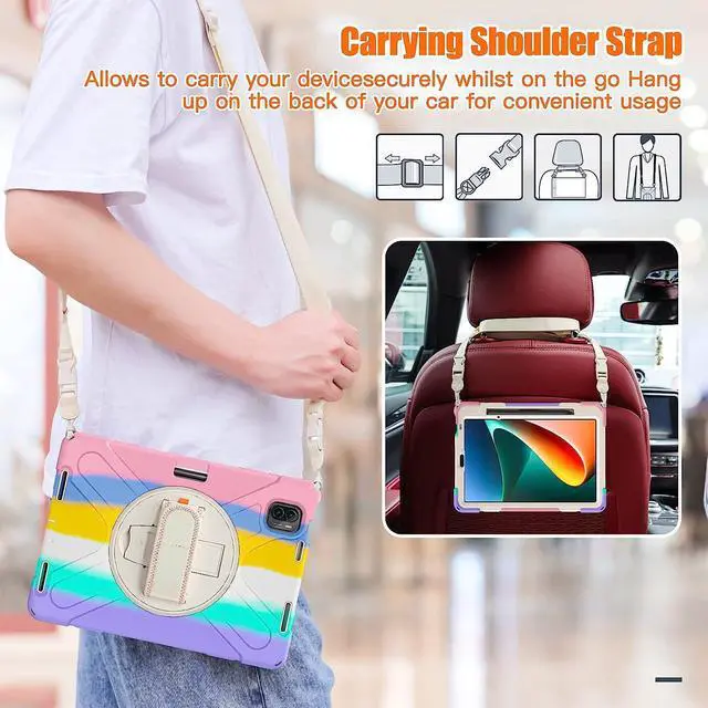 Alt view image 6 of 7 - Protective Case for Xiaomi Mi Pad 5 / Mi Pad 5 Pro 11 inch 2021 with Pencil Holder & Kickstand, Portable ShockProof Cover with Rotatable Handle, Shoulder Strap, Stylus Pen Pink