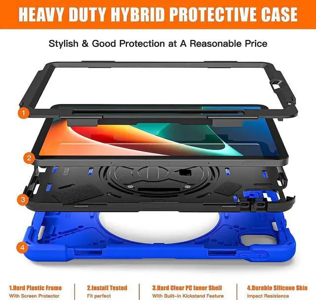 Alt view image 7 of 7 - Protective Case for Xiaomi Mi Pad 5 / Mi Pad 5 Pro 11 inch 2021 with Pencil Holder & Kickstand, Portable ShockProof Cover with Rotatable Handle, Shoulder Strap, Stylus Pen Blue