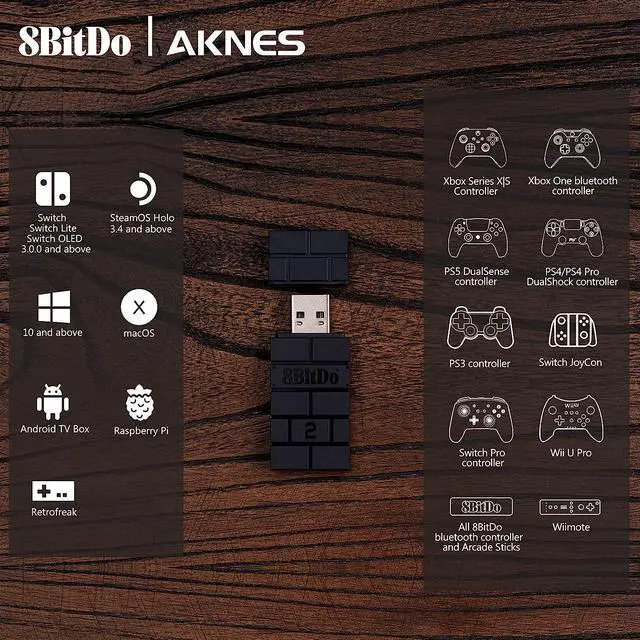 Alt view image 2 of 6 - 8BitDo USB Wireless Controller Adapter 2 Converter Dongle for Switch/Switch OLED,Steam Deck,Windows,Raspberry Pi, macOS, PS5/PS4/PS3 Controller,Xbox Series X/S,Xbox One Bluetooth Controller, OTG Cable