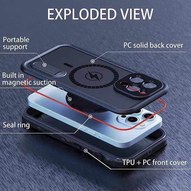 Alt view image 5 of 7 - Waterproof Case for iPhone 13 Pro Max with Mag-Safe Charging, Built-in Screen Protector and Kickstand, Magnetic Heavy Duty Shockproof for Apple iPhone 13 Pro Max 5G