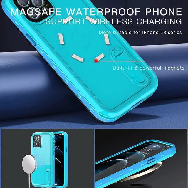 Alt view image 3 of 7 - Waterproof Case for iPhone 13 Pro Max with Mag-Safe Charging, Built-in Screen Protector and Kickstand, Magnetic Heavy Duty Shockproof for Apple iPhone 13 Pro Max 5G Blue