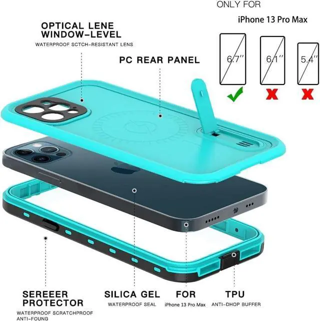 Alt view image 5 of 7 - Waterproof Case for iPhone 13 Pro Max with Mag-Safe Charging, Built-in Screen Protector and Kickstand, Magnetic Heavy Duty Shockproof for Apple iPhone 13 Pro Max 5G Blue