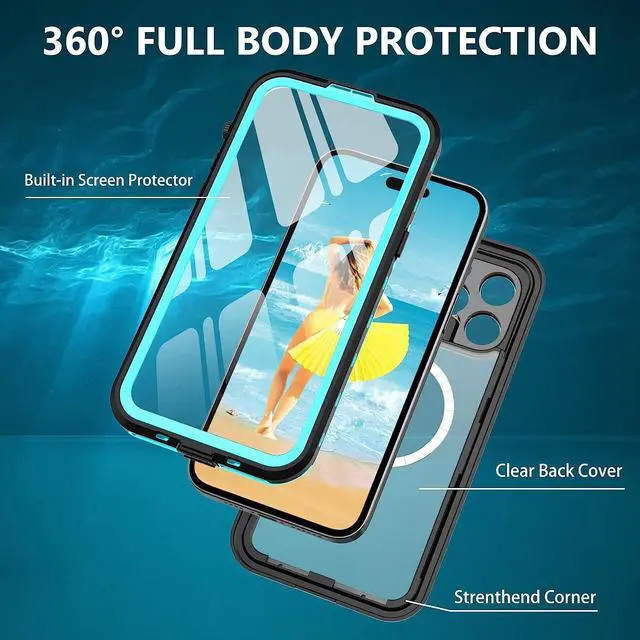 Alt view image 3 of 7 - for iPhone 14 Pro Max Case Waterproof, Compatible with Magsafe Magnetic Protective iPhone 14 Pro Max Phone Case, Water Proof Mag Safe Magnet Shockproof Full Body Clear with Screen Protector Blue