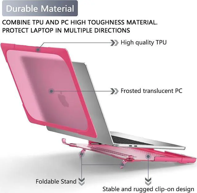 Alt view image 3 of 7 - For MacBook Pro 13 inch Case 2022 2020 Release Model A2338 M2 M1 A2289 A2251, Heavy Duty Plastic Hard Shell Shockproof Cover with Fold Kickstand & Keyboard Cover Rose Red