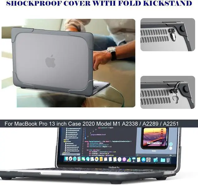 Alt view image 6 of 7 - For MacBook Pro 13 Case 2019 2018 2017 2016 Release A2159 A1989 A1706 A1708, Heavy Duty Plastic Hard Shell Shockproof Cover with Fold Kickstand & Keyboard Cover