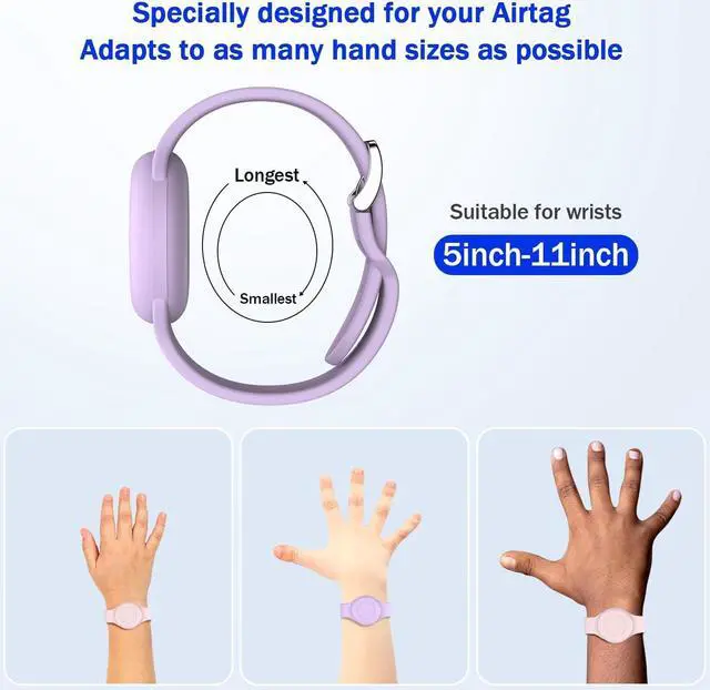 Alt view image 5 of 7 - Waterproof Air Tag Bracelets for Kids [2 Pack] Compatible with Apple Air Tag Finders with Soft Silicone,Anti Lost GPS Item Finders Case Cover for Kids Pink/Purple