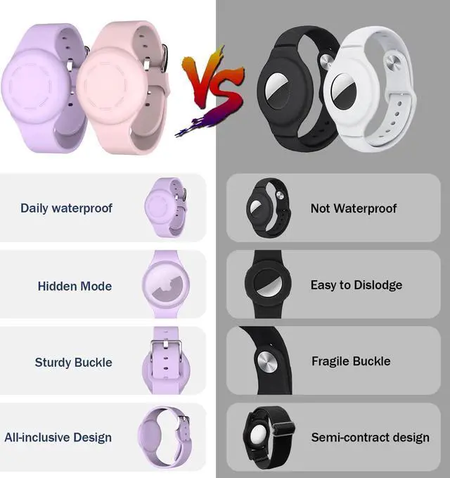 Alt view image 2 of 7 - Waterproof Air Tag Bracelets for Kids [2 Pack] Compatible with Apple Air Tag Finders with Soft Silicone,Anti Lost GPS Item Finders Case Cover for Kids Pink/Purple