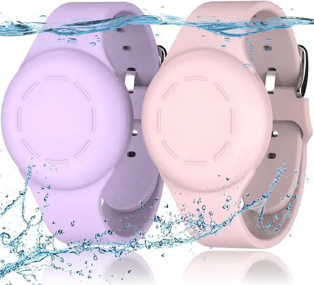 Main image of Waterproof Air Tag Bracelets for Kids [2 Pack] Compatible with Apple Air Tag Finders with Soft Silicone,Anti Lost GPS Item Finders Case Cover for Kids Pink/Purple