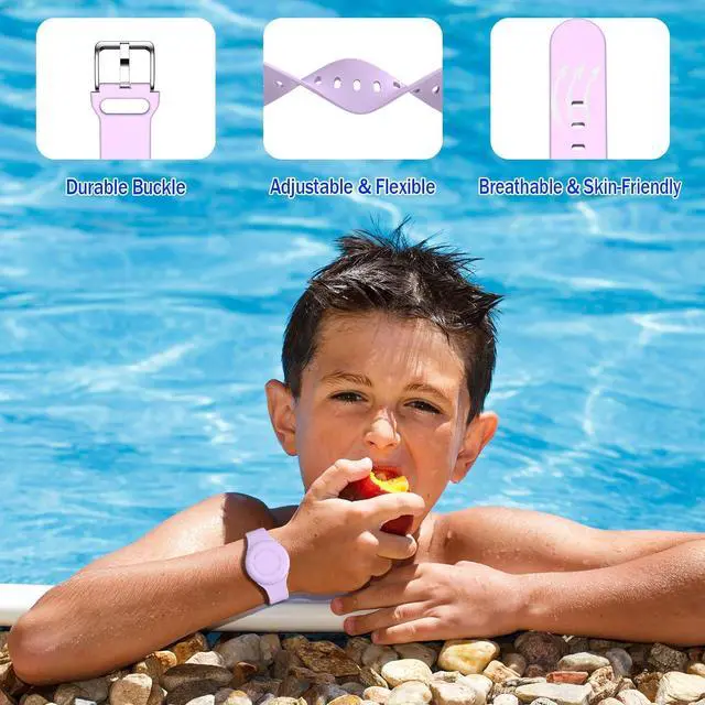 Alt view image 6 of 7 - Waterproof Air Tag Bracelets for Kids [2 Pack] Compatible with Apple Air Tag Finders with Soft Silicone,Anti Lost GPS Item Finders Case Cover for Kids Pink/Purple