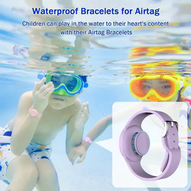 Alt view image 3 of 7 - Waterproof Air Tag Bracelets for Kids [2 Pack] Compatible with Apple Air Tag Finders with Soft Silicone,Anti Lost GPS Item Finders Case Cover for Kids Pink/Purple
